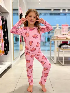 Girls' Round Neck Long Pajamas 2-Piece Set, Water Buffalo Cartoon Print, Casual Fitted Homewear, All Seasons, Long Sleeve, Snug Fit Pajamas