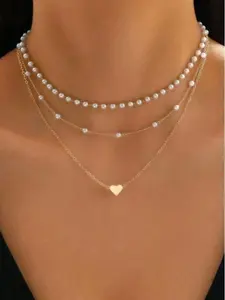 Women Layered Pearl and Heart Necklace Jewellery