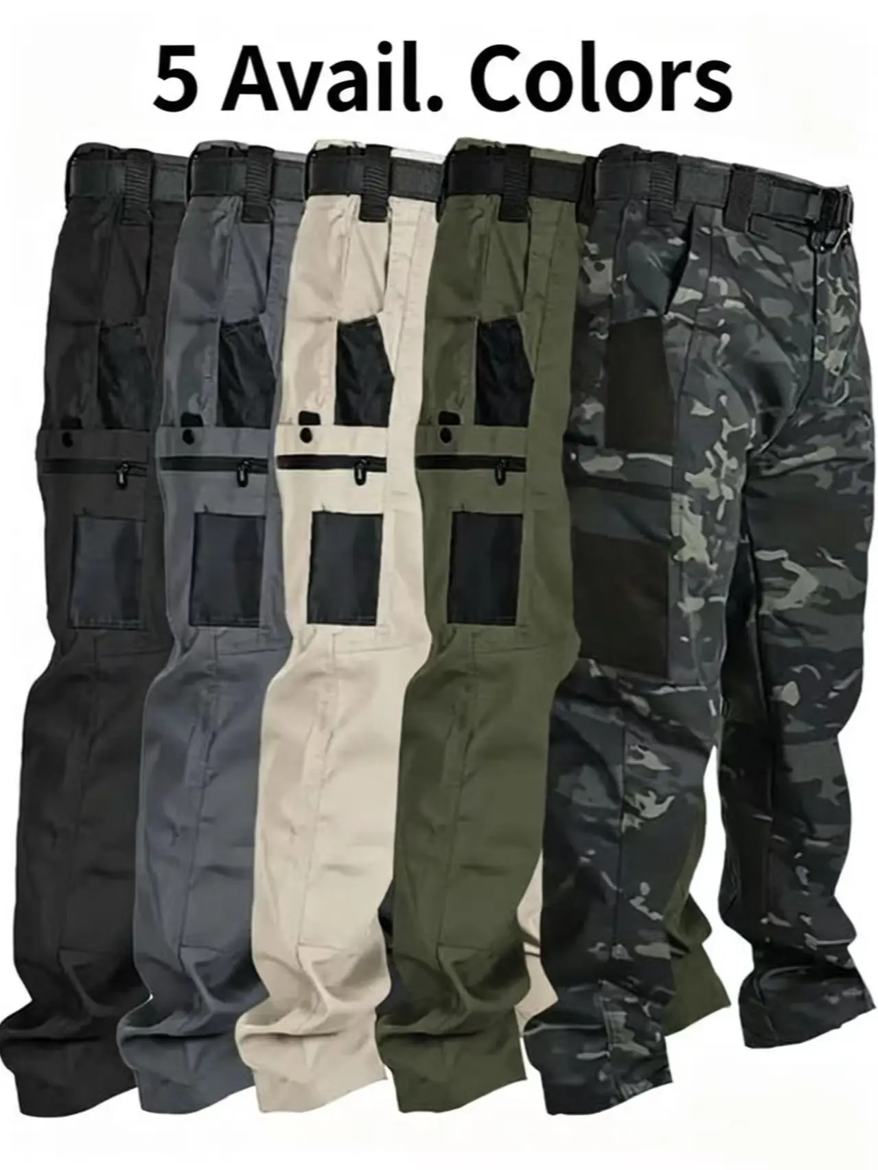 Men’s solid-color tactical cargo work pants, available in packs of 1 or 2 pieces, featuring multiple pockets and zip closures. Available in various colors. Durable outdoor training pants suitable for fishing, outdoor activities, work, hiking, and camping,