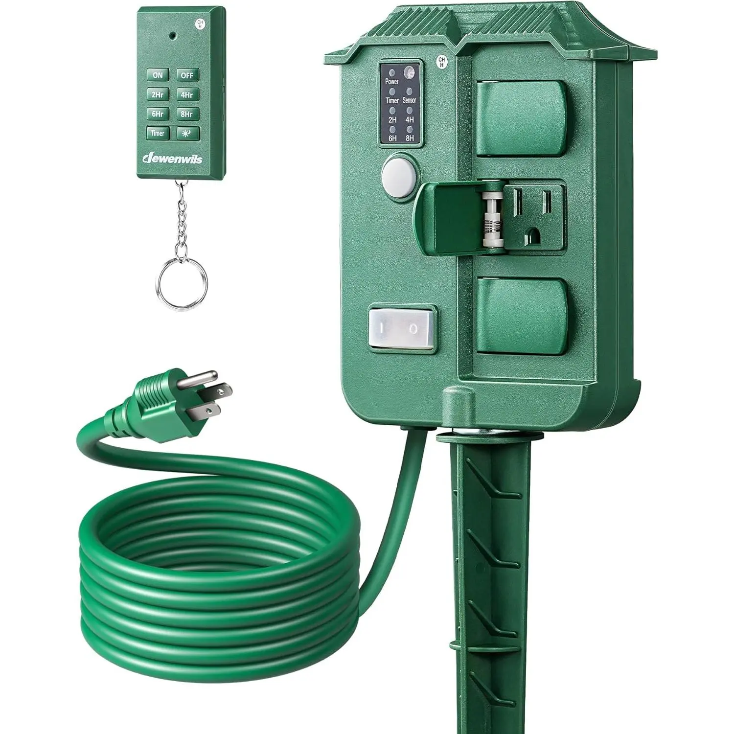 Outdoor Power Stake Timer Waterproof, 6 Grounded Outlets, 6FT Extension Cord, 100FT Wireless Remote Control, Photocell Dusk to Dawn Timer for Lights, Yard, Garden, UL Listed
