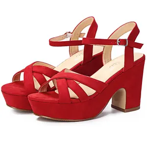 Women's thick soled high heeled sandals ankle thick heeled velvet open toe versatile and generous high heels thick high heels