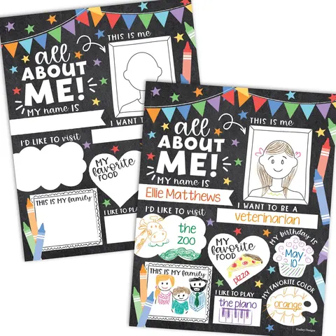 Hadley Designs All About Me Educational Posters (20-Pack, 11x14 in) - Back-to-School Chalkboard Themes Write-On Card Stock, Easy to Write On Teaching Supplies for Teachers, Classroom Connections Developing Self-Identity