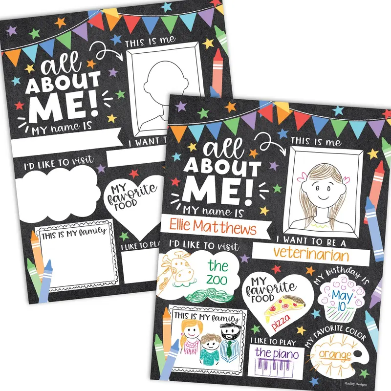 Hadley Designs All About Me Educational Posters (20-Pack, 11x14 in) - Back-to-School Chalkboard Themes Write-On Card Stock, Easy to Write On Teaching Supplies for Teachers, Classroom Connections Developing Self-Identity
