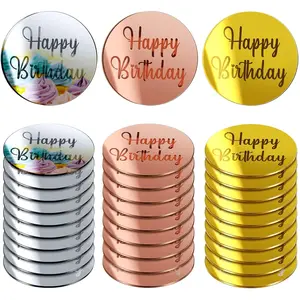 30 Pcs Acrylic Cupcake Toppers Happy Birthday Cake Disc Mirror Acrylic Cake Topper Engraved Personalized Cake Topper Mini Acrylic Cake Charm Name Custom Cake Decorations for Decor (Round)