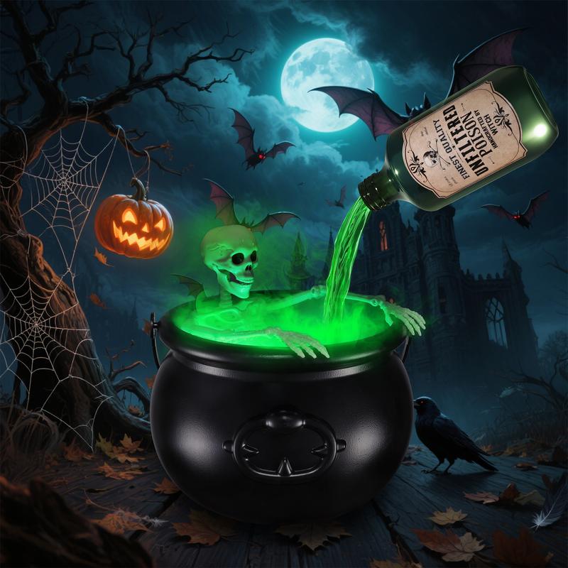 Halloween indoor decoration, magical cauldron floating potion bottle set with diffuser, black plastic witch bowl, fantasy-style party decoration, spooky vintage-style home kitchen dining table ornament, funny light