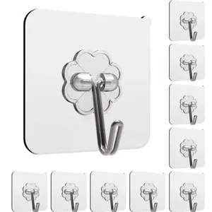 Wall Mounted Hooks, 10pcs Punch-free Adhesive Hooks, Transparent Reusable Seamless Hooks, Waterproof & Oilproof Hooks for Bathroom, Kitchen, Closet, Wardrobe, Home Organizer, Hanger Stand, Interior Organizing