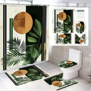 4pcs and Elegant Toilet Lid Boho Chic Tropical Shower Curtain Set with Geometric Burnt Terracotta and Forest Green Design, Complete with Matching Bath Mat, Contoured Toilet Mat, r for Stylish Bathroom Decor