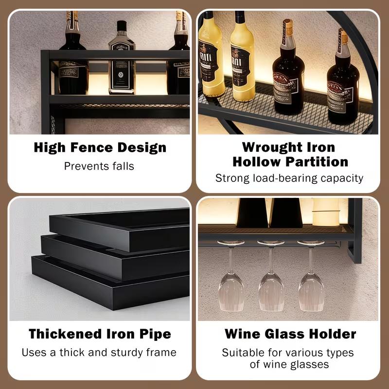 47-Inch Spacious Wall-Mounted Wine Rack Featuring a Glass Holder, 3 Tier Bottle Rack with LED Lights, Floating Display for Kitchen Living Room Bar Area Modern Wine Shelf High Quality Durable Metal Construction for Home Bartenders And Wine Enthusiasts