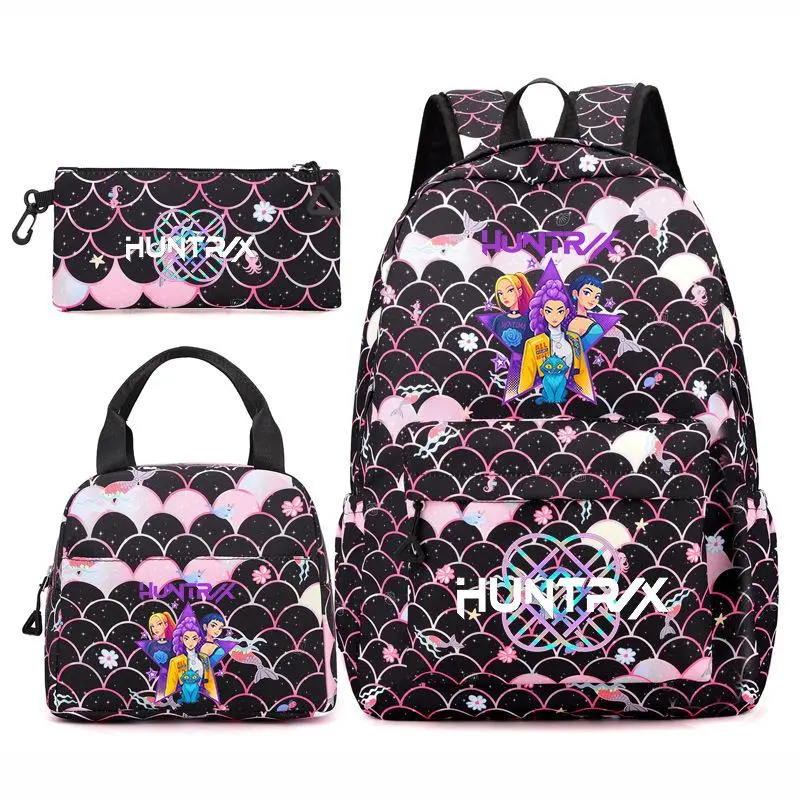 Kawaii Mermaid Scale Printed 3‑in‑1 Backpack Kit, kpop Anime Character School Bookbag, Portable Insulated Lunch Handbag + Stationery Pouch, Lightweight Travel Rucksack for Girls Teens