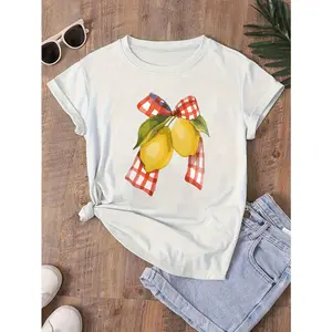 Womens Cotton Short Sleeve Graphic Tee Lemon Print With Gingham Bow Cute Summer Casual Top Soft Breathable Crewneck Shirt For Vacation Beach Weekend Outfits