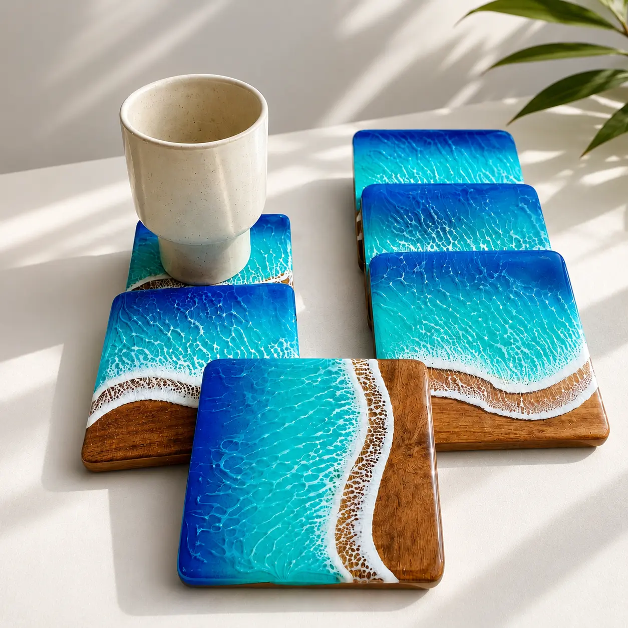 Square Ocean Resin Coaster, Handmade Wooden Drink Coasters, Epoxy Resin Cup Mats, Table Protector, Coastal Home Decor, Beach House Gift