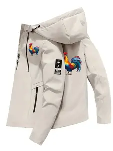 Men's Spring Fall Trendy Rooster Print Casual Outdoor Sports Couple Jacket Coat, Long Sleeve Fitted Design, Adjustable Strap