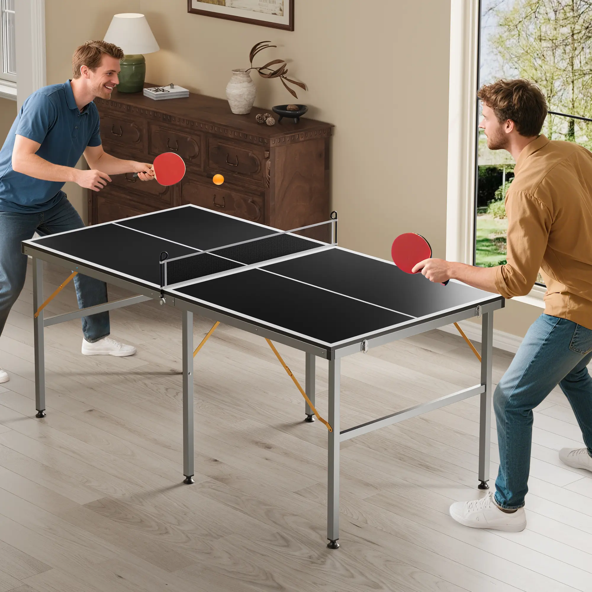6 ft Portable Ping Pong Table, Foldable Mid-Size Table Tennis Game Set with Net & Post, 2 Paddles & 3 Balls, No Assembly Instant Setup for Backyard, Apartment, Family Game Night