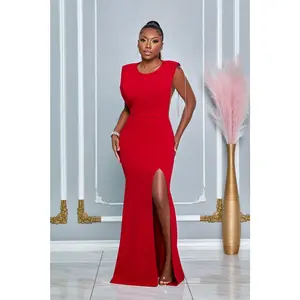 RHINESTONE FRINGE OPEN BACK ROUND NECK MAXI DRESS (RED)
