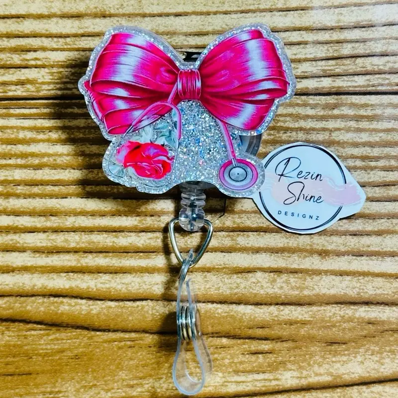 Pink Stethoscope Bow With Rose Badge Reel