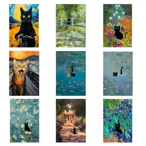 Funny Black Cat Art Canvas - Impressionist Style Feline Parody Wall Decor - Unique Mother's Day Gift 2026 for Cat Lovers - Framed Gallery Wrap Poster Art