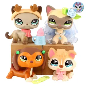 4 Pcs Minipetshop Bobble Head Short Hair Cat Dashchund and Puppy Husky Figures Set with Lovely Accessoires for Kids Compact Versatile Play Figure