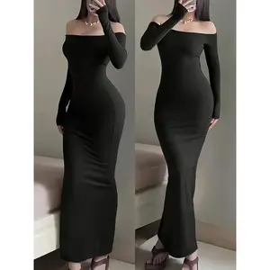 Women'S Solid Off-Shoulder Long Sleeve Bodycon Dress, Elegant