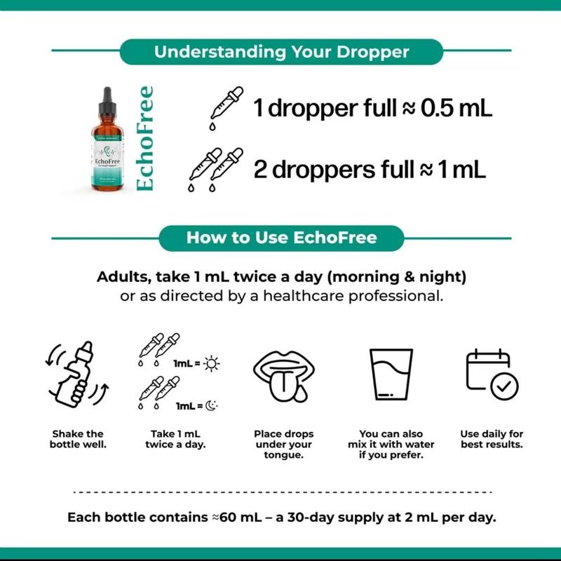 EchoFree-100%Natural-20-in-1 Liquid Formulafor Ear Welness-With Chromium Picolinate, Ginkgo Biloba&GABA-Sugar-Free, Vegan, Non.GMO-Daily Support for Quiet Focus & Clarity-2Droppers/Day