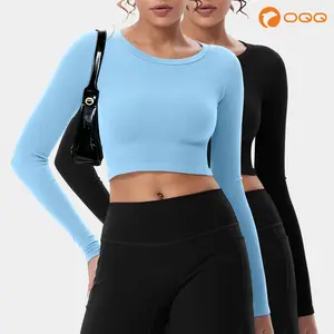 OQQfitness Womenswear 2 Pieces Tops LongSleeve Soft Ribbed Stretchy Casual Shirts Winner Minimalist Basic Outfits