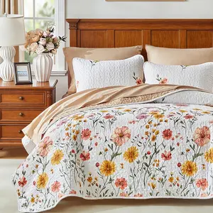 Floral Quilt Set 3 count Flower Quilt Sets  Size - Reversible Microfiber Quilt with 2 Shams Soft Breathable Botanical  Spring Bedspread Coverlet Summer Comforter  Season Orange Yellow