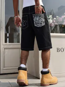 Men's Embroidered Print Denim Shorts, Pocket, Five-Inch Leg Length, Summer Casual Wear, Comfortable Fit, Stylish Fashion Design, Daily Use