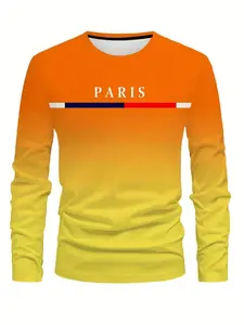 Men's Round Neck Long Sleeve Casual Fashion T-Shirt, Gradient Patchwork Rugby Pattern, Breathable Sports Top, All Seasons