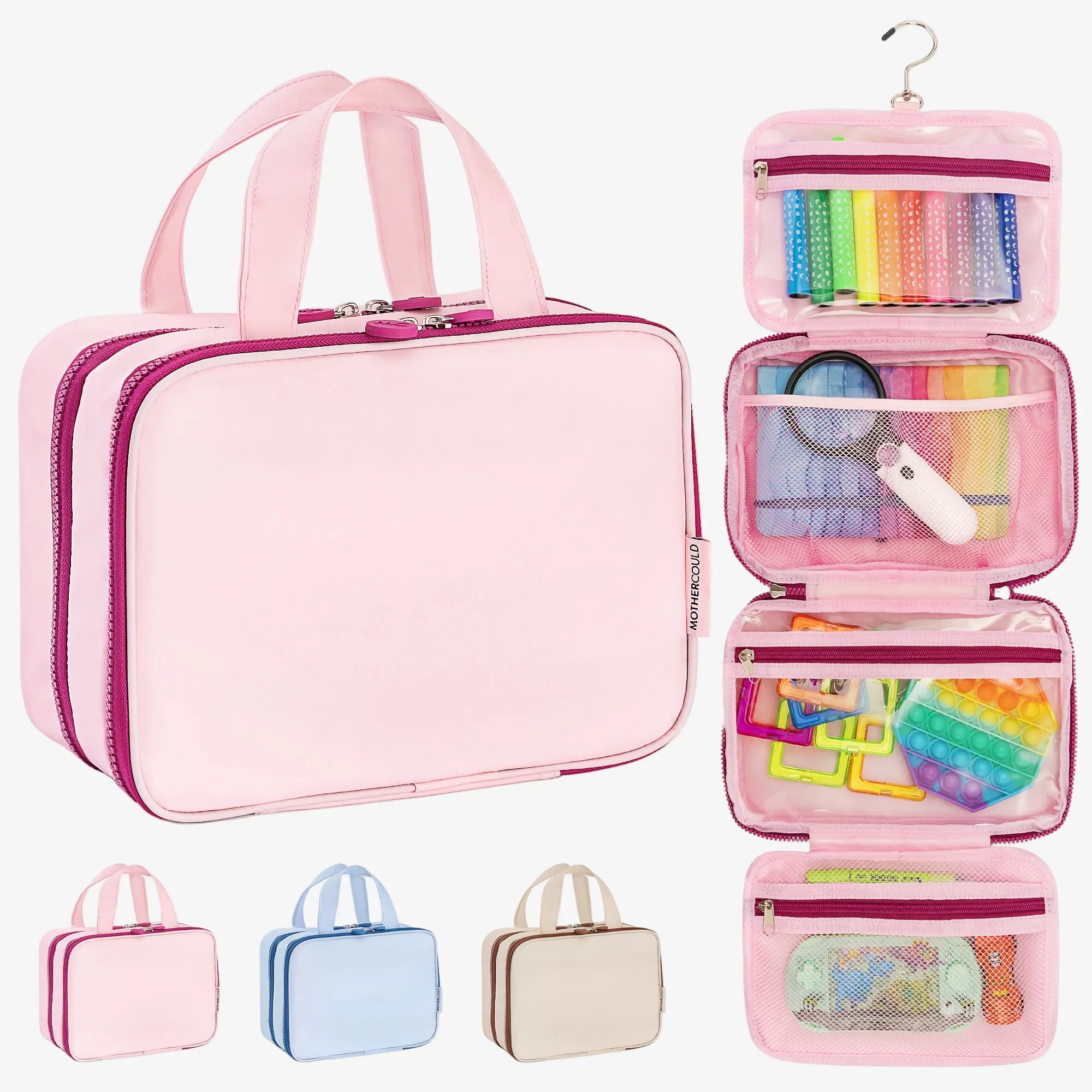 Mothercould Small Kids Travel Organizer Durable Water Resistant 7 Compartments Mesh Pockets Elastic Straps Lightweight Portable with Carry Handle & Metal Hook for Cars Airplanes Home Use