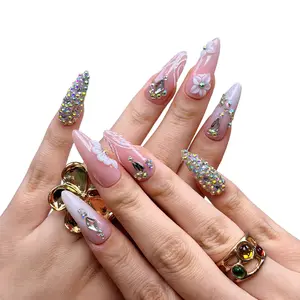 KissMuse Nails |  Nude Pink | ST-T029 | Handmade 3D Floral Press on Nails 10PCS | Nude Pink Fake Nails with AB Rhinestones | Luxury Long Almond Nail Art