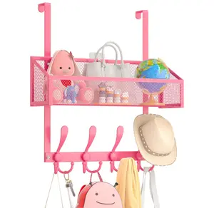Over The Door Hooks Organizer, Coat Rack Over The Door Storage Hanger Towel Rack, Back of Storage Organizer for Bathroom,Bedroom,Kitchen,Office(Pink 2-Tier)
