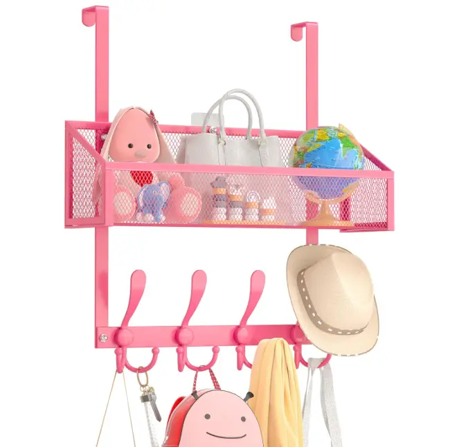 Over The Door Hooks Organizer, Coat Rack Over The Door Storage Hanger Towel Rack, Back of Storage Organizer for Bathroom,Bedroom,Kitchen,Office(Pink 2-Tier)
