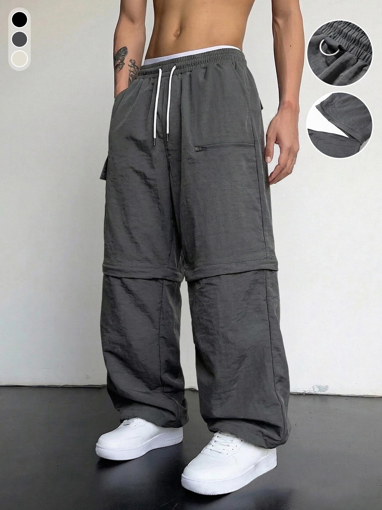 Men’s casual loose cargo pants; practical men’s cargo trousers; versatile two-way wear; straight-leg cargo long pants Menswear Streetwear Pocket Beige Athletic Stylish Dark Gray
