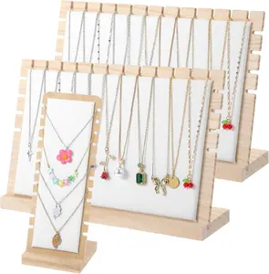 Necklace Display Stands For Selling 4-Piece Necklace Display Set – Bamboo Jewelry Organizer with PU Leather Panels,Multi-Tiered Design