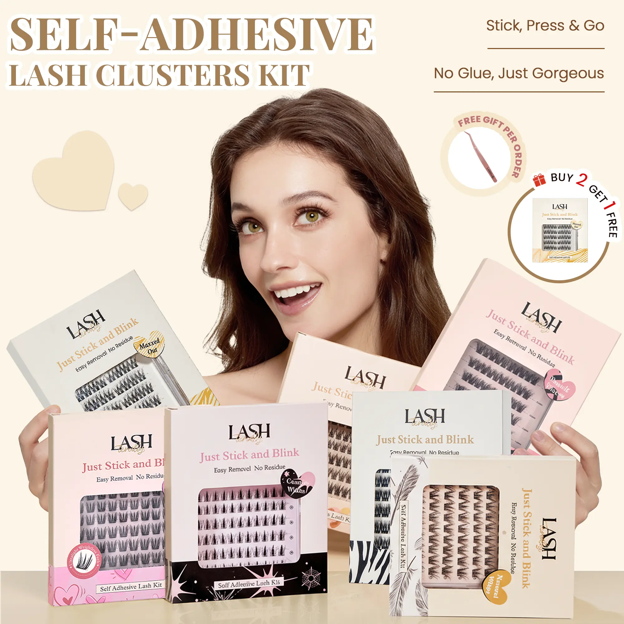 Lashterally Press-On False Eyelashes Kit, Dense Fluffy and Long Lasting Self-Adhesive Lashes, 7 Styles, 90 Pcs, Beginner-Friendly, False Eyelashes & Adhesives, Cosmetic