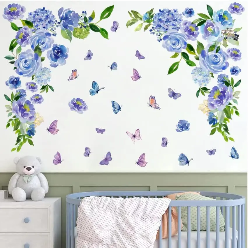Large Peony Flower Wall Stickers Watercolor Floral Wall Decals Peel and Stick Hanging Vine Leaves Wall Decals Butterflies Blue Flower Wall Stickers for Bedroom   Room  Living Room Decor