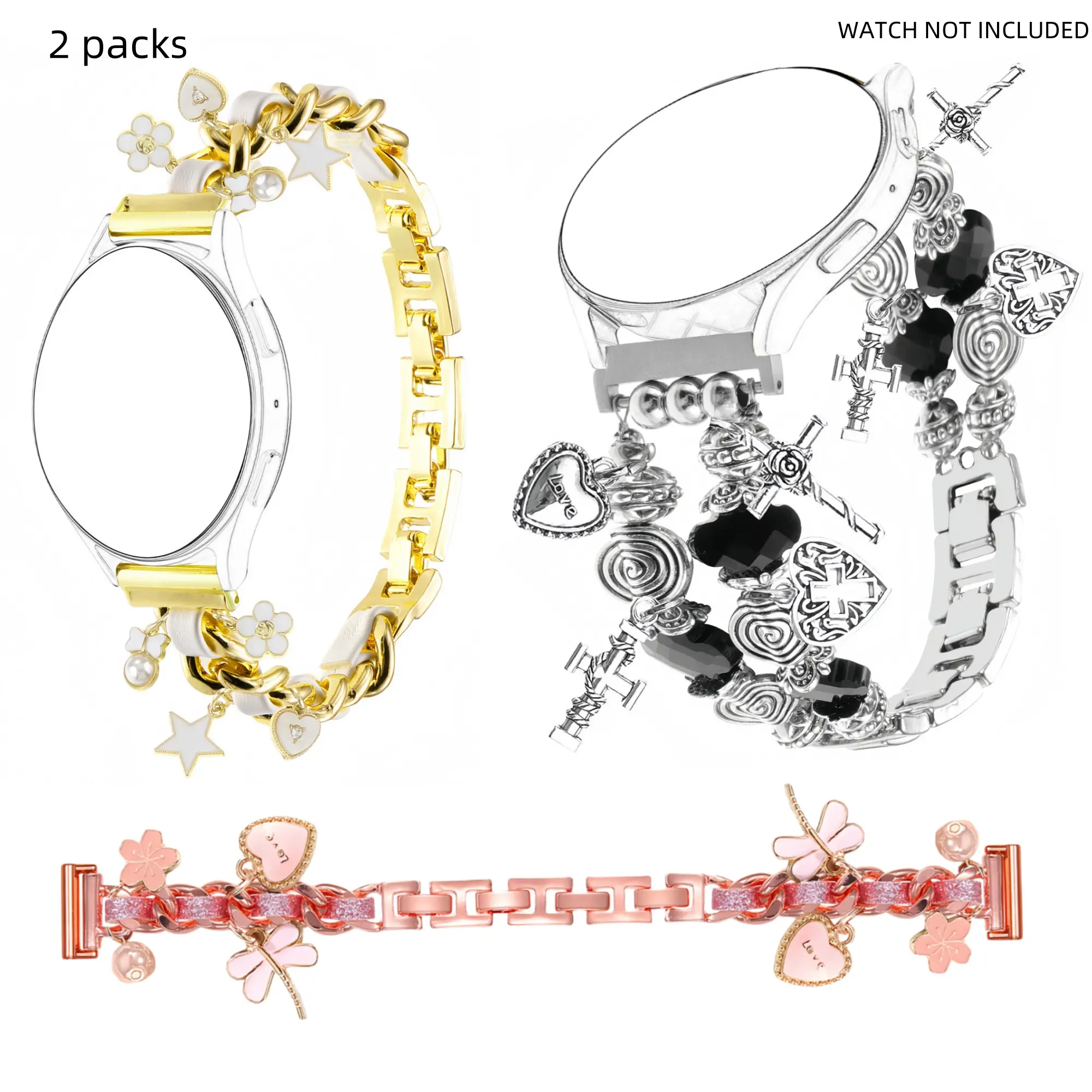 20MM Metal Strap, Smart Watch Strap, Smartwatch Replacement Straps, Compatible with Samsung Galaxy Watch7 6 5 4 40/44mm, Watch 4 Classic 42/46mm, Active 2, Gear S2 Classic, Cuban Chain Strap with Pendant, Bohemian Retro Silver Flower Strap 20mm