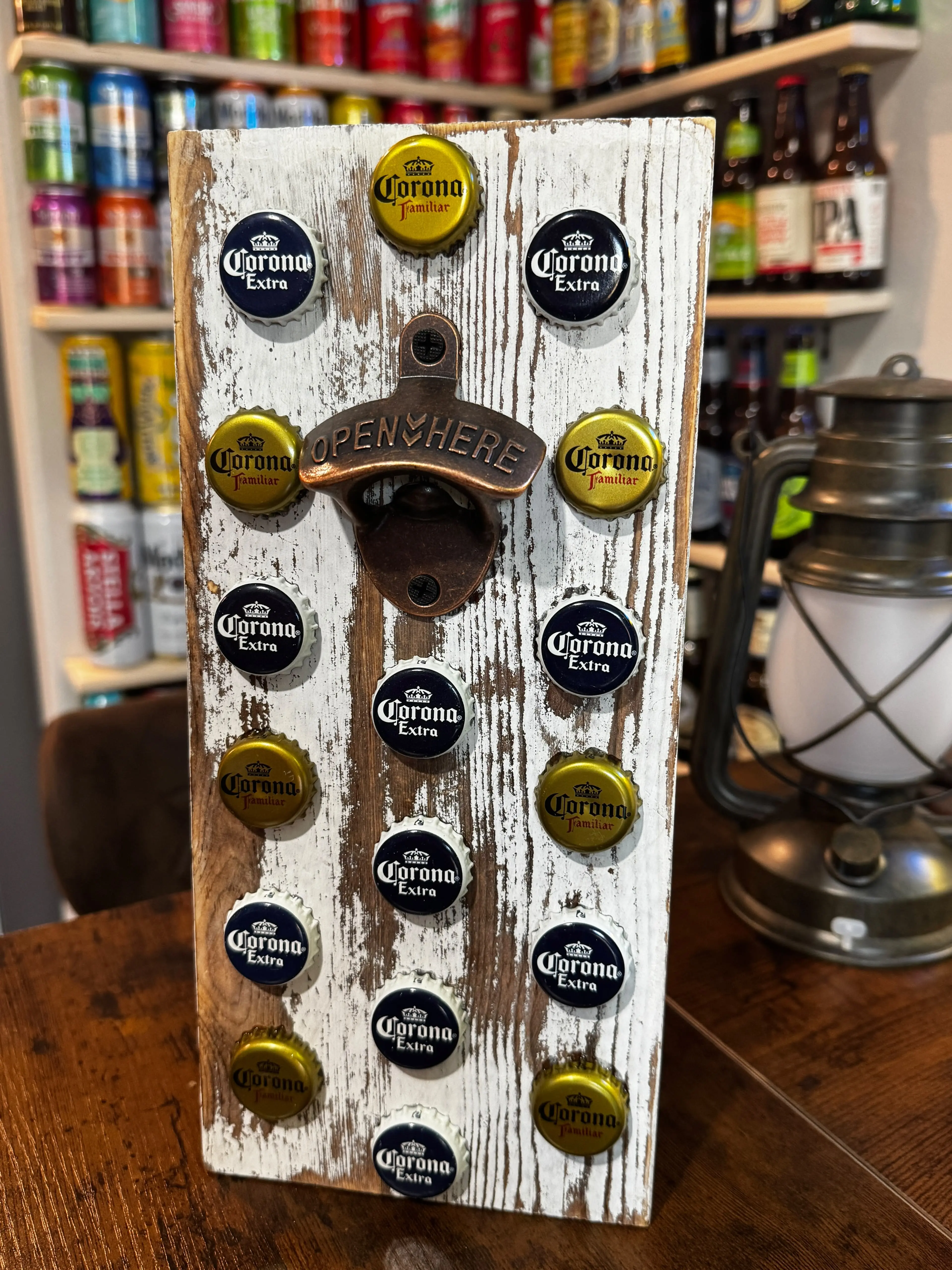 Custom Corona Extra Kitchen Utensils Bottle Opener with 16 Bottle Caps, Rustic Design, Ideal for Home Decor, Bar Use
