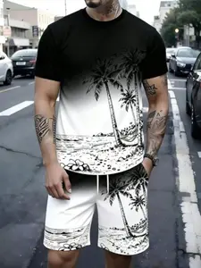 Men's Gradient Summer Vacation Simple Stylish Coconut Tree Pattern Commuter T-Shirt & Shorts Set, Beach Holiday Essential Two-Piece