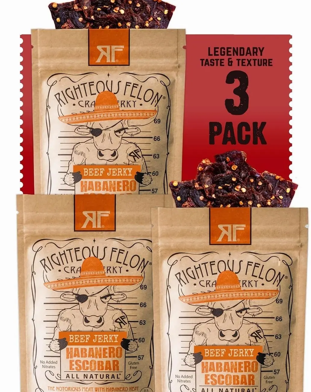 Righteous Felon Beef Jerky - Habanero Escobar Flavor - All-Natural - Locally Sourced & Dried Beef Jerky - Low-Sugar, High-Protein, Healthy Snacks - 2 Ounces, Pack of 3