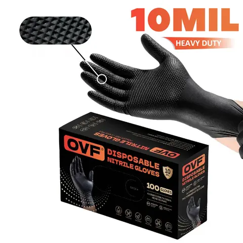 OVF nitrile gloves 10Mil Diamond-texturd grip for industrial,Blcak&Orange nitrile gloves food applications,latex and powder free Cleaning Rubber 100Pcs-Black
