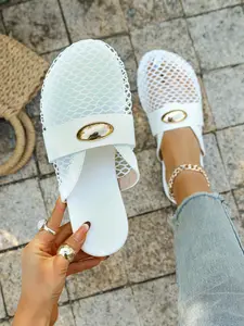 Women's Fashion Mesh Leopard Print Sandals, Trendy Streetwear Fishnet Flat Mules, Durable Sole Multi-Color Comfortable Slip-Ons