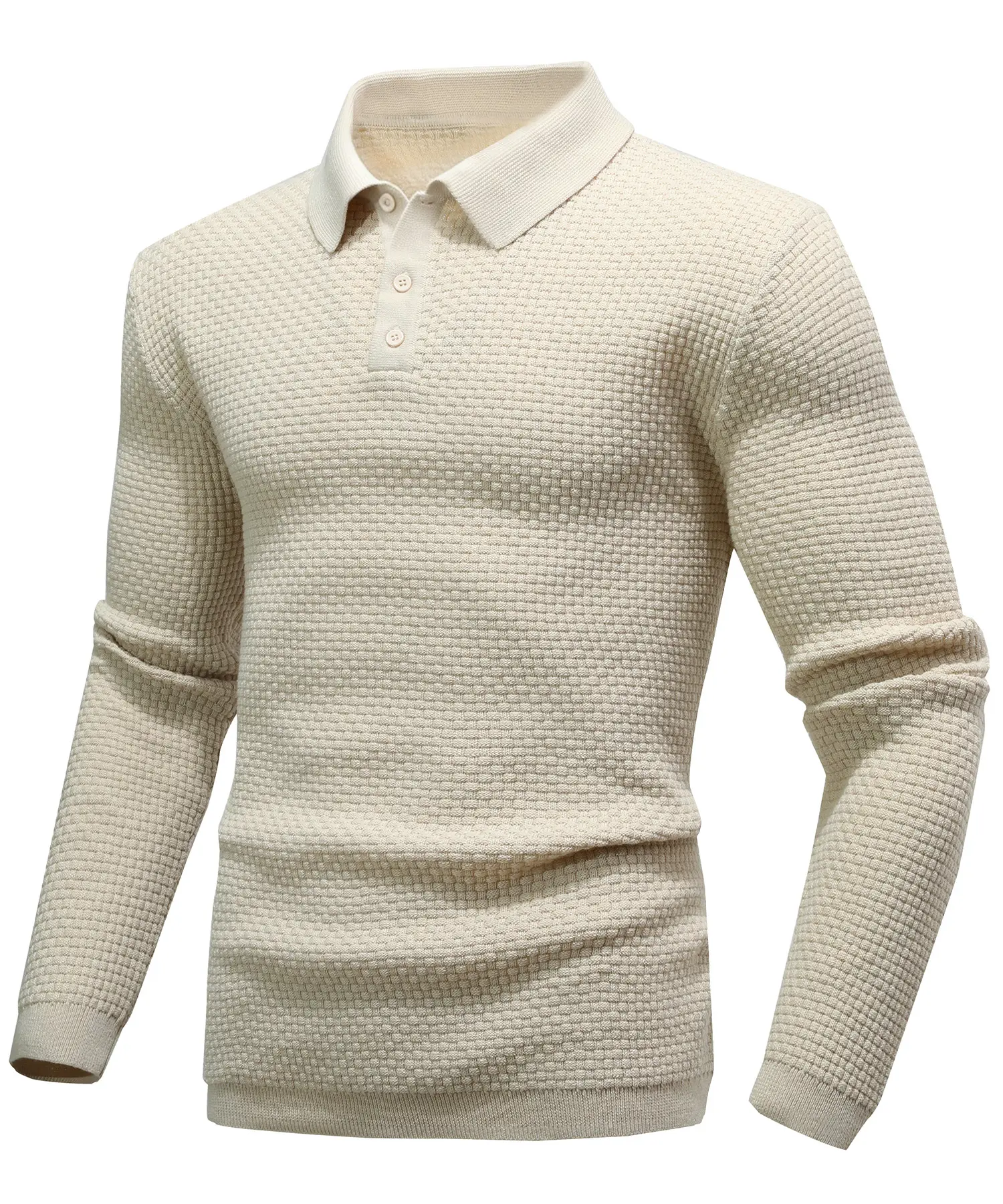 Men's Waffle Knit Polo Shirt, Casual Long Sleeve Polyester Mix Pullover with a Fitted Cut, Hand Wash