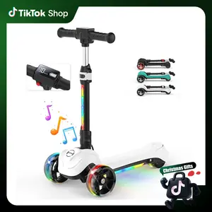 【Christmas Gifts】Electric Scooter for Kids, Bluetooth Control Light Up 3-Wheels Kick Scooter for Age 3-12 Stability Fun Ride Adjustable Safety