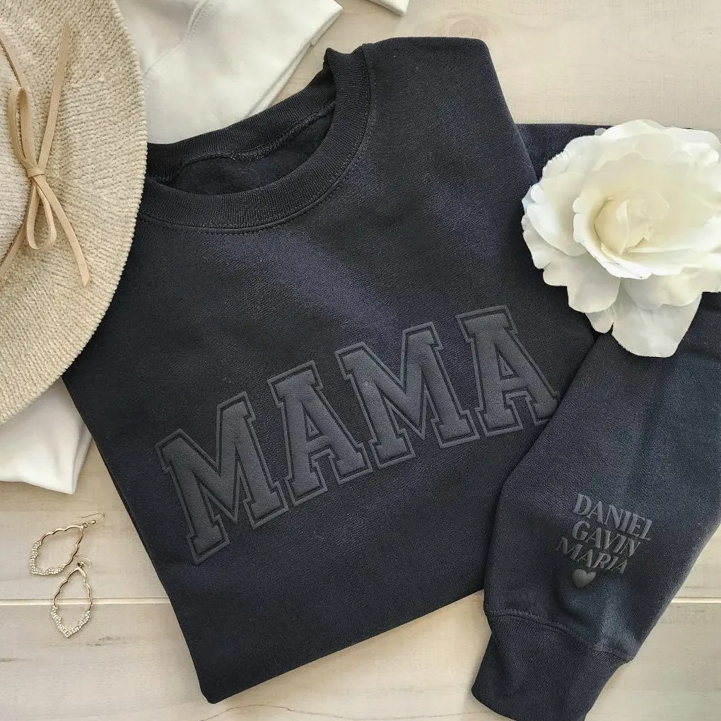 Custom Puff Print Mama Sweatshirt with Names on Sleeve, Mama Keepsake Sweatshirt with Puff Lettering, Personalized Kid Names on Sleeve, Mama Hoodie, New Mom Gift, Mother's Day Gift