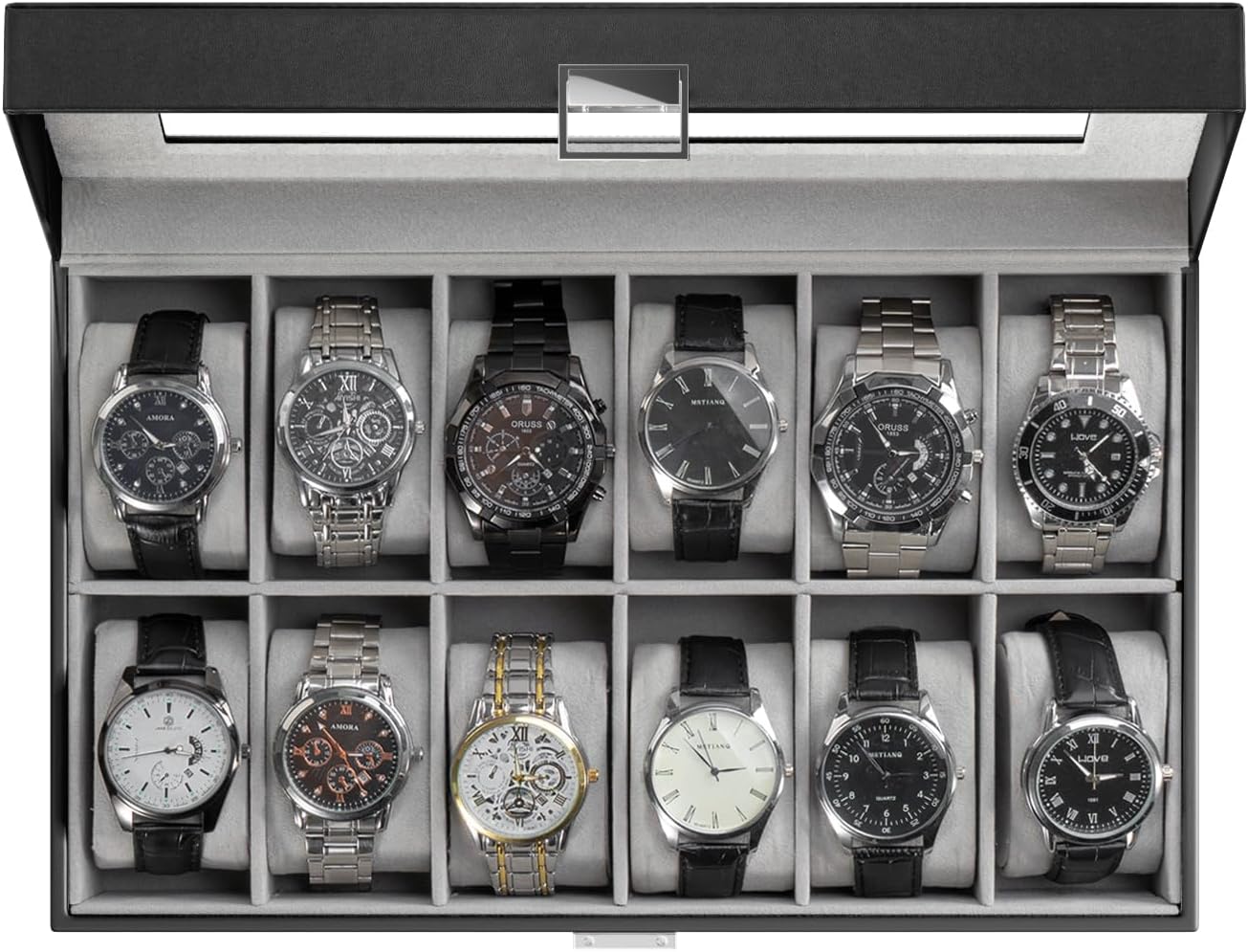 Watch Box Organizer, 12 Slot Watch Display Case With Glass Lid, Watch Storage Holder Mens Watch Case, Anniversary Birthday Valentine Gifts for Men Women -12 Slot, Black