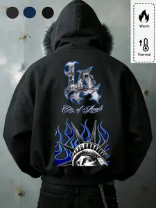 Los Angeles Creative Image Fleece Hoodie, Unisex Dark Style Fur Collar Zipper Coat, American Streetwear, Skateboarding Fashion