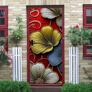 2pcs Chinese style embossed wall sticker with traditional paper-cut art style, red background with golden blue gray flower patterns, three-dimensional design adds layering to the wall, self-adhesive