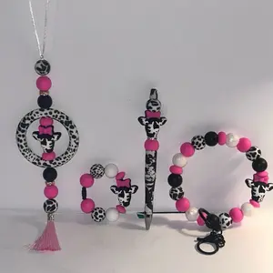 Silicone Bead Car Charm Hanger Cup Charm Pen and Wristlet Keychain with Pink Black White Cow Print Design and Cute Cow head with Bow