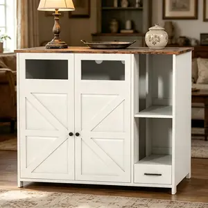 Large Hidden Cat Litter Box Enclosure Furniture, Dog-Proof Litter Box Cabinet with Built-in Power Strip, Rustic White Cabinet Fit Litter-Robot 3/4 & Self-Cleaning Litter Boxes