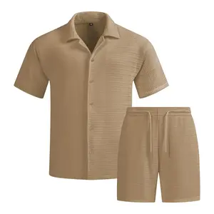 Men's 2-Piece Plain Solid Color Summer Clothing Set - Regular Fit, Textured Button-Down Short-Sleeve Shirt & Matching Drawstring Shorts for Coastal Vacation, Casual Travel